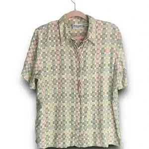 vtg 90s pastel geometric allover print button up‎ top woven basket blouse sz 14p